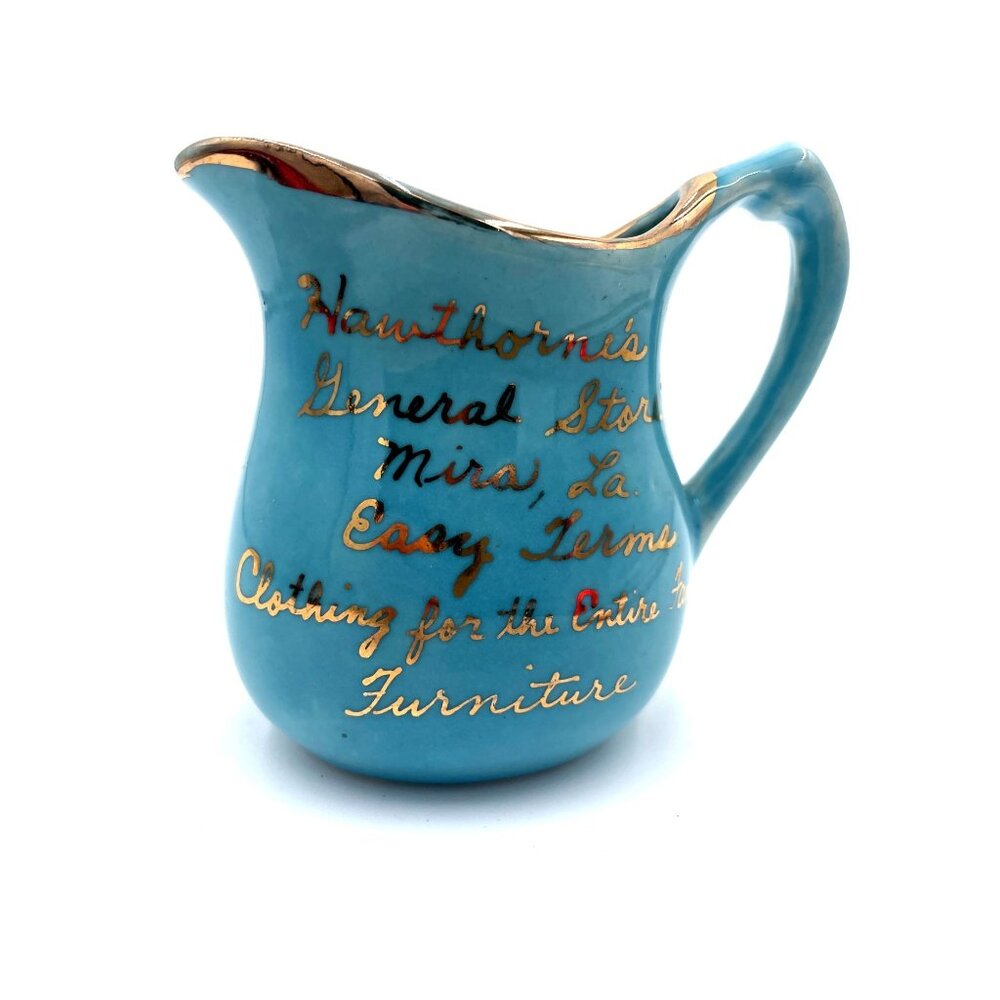 Vintage Blue Ceramic Pitcher With Gold Accents & Hawthornes General Store Miras